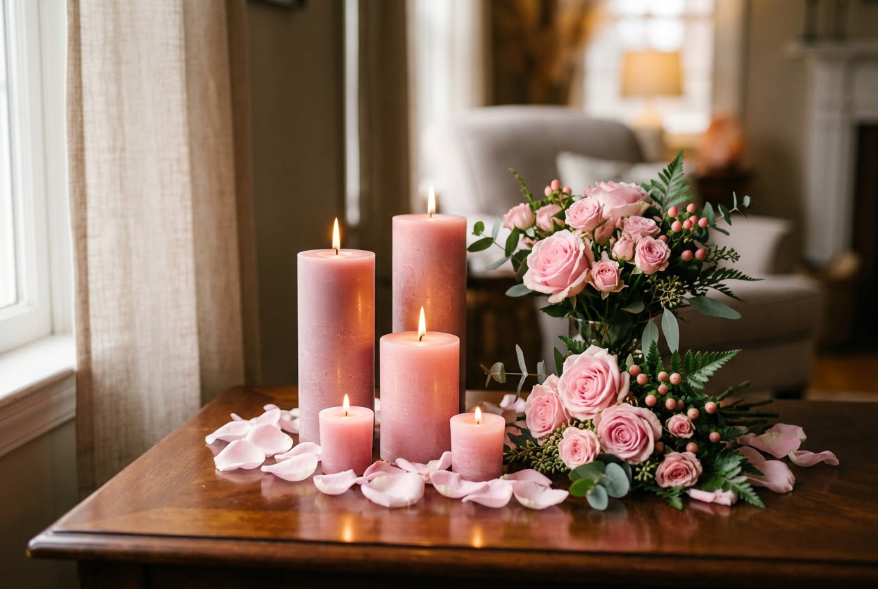 A group of glowing pink candles surrounded by rose petals and pink roses on a wooden surface.
