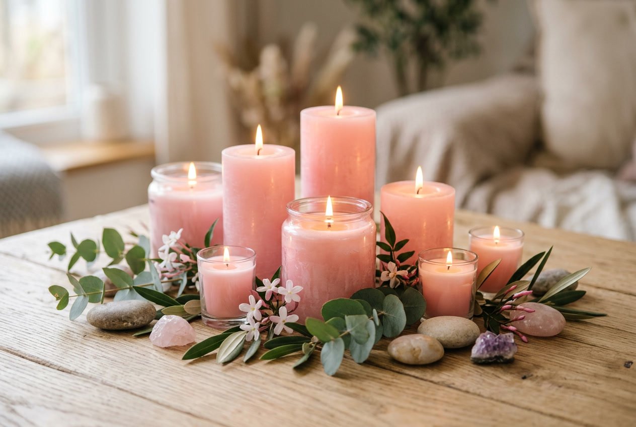 A collection of softly glowing pink candles surrounded by green leaves and small flowers on a wooden surface.