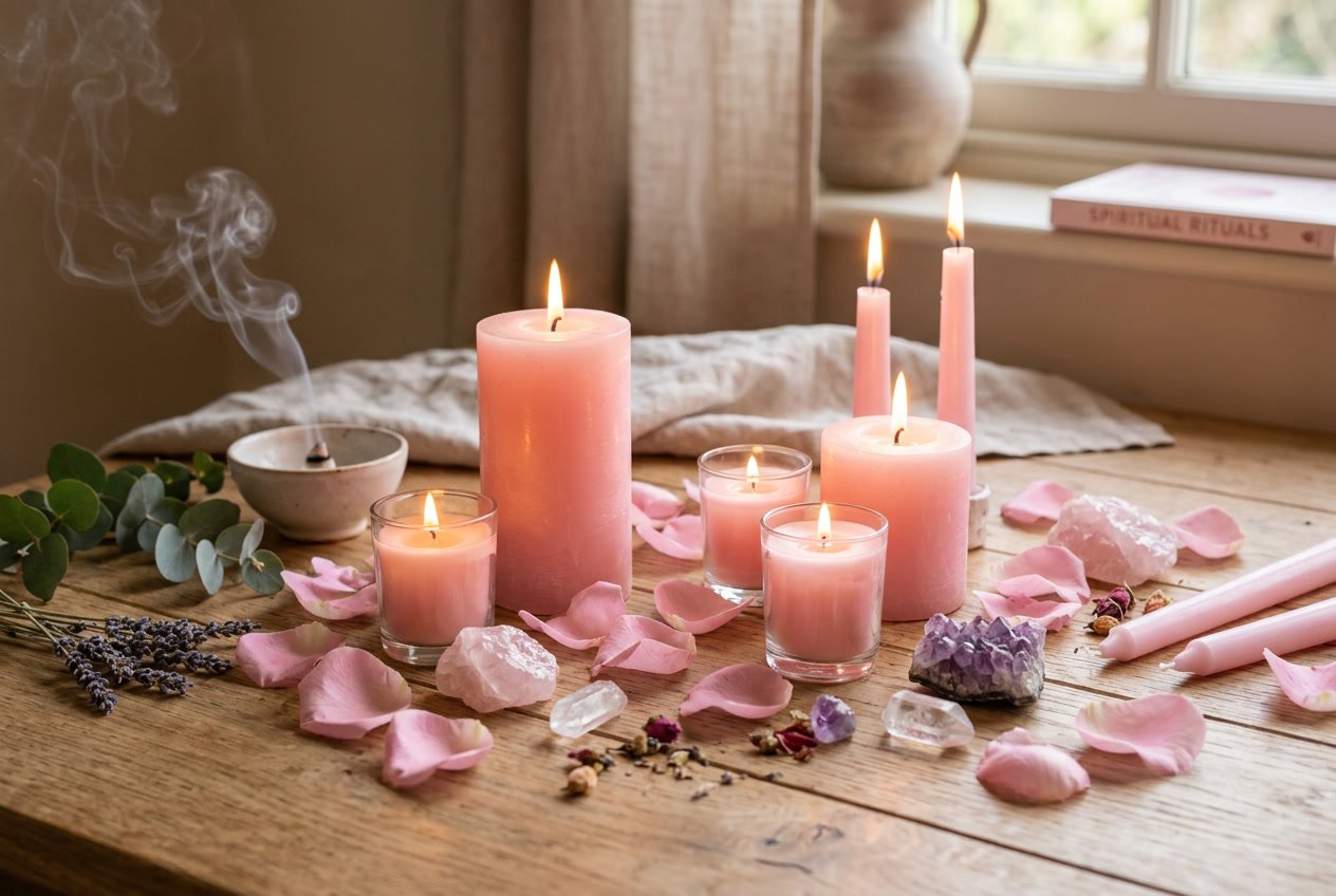 Several pink candles glowing softly on a wooden surface surrounded by rose petals and crystals with gentle smoke rising in the background.
