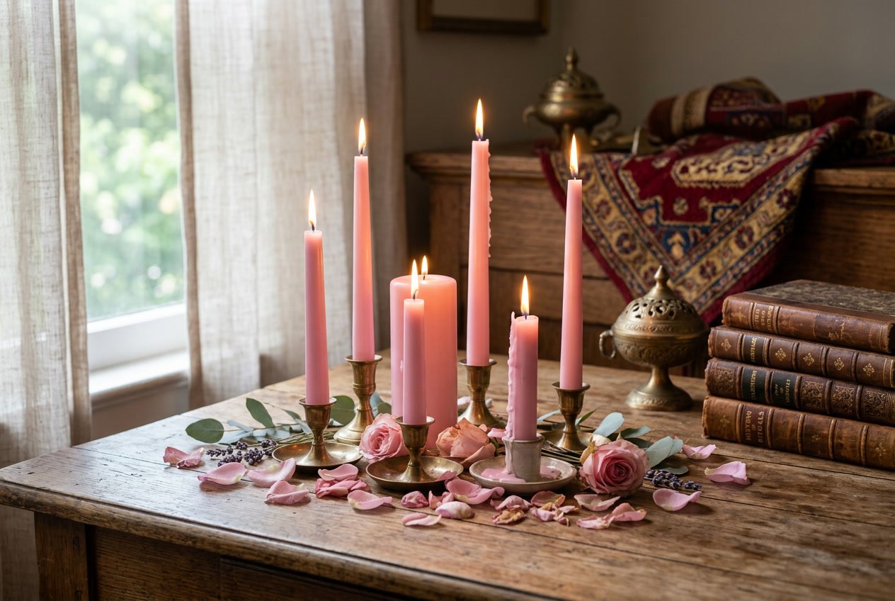 An arrangement of lit pink candles on a wooden surface surrounded by rose petals with antique books and traditional items in the background.