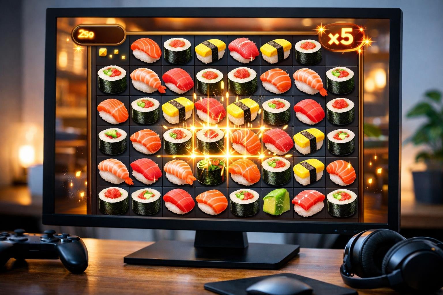 Tampilan layar permainan online Sushi Saga dengan potongan sushi berwarna-warni dalam tata letak permainan puzzle, di atas meja kerja dengan perangkat modern.