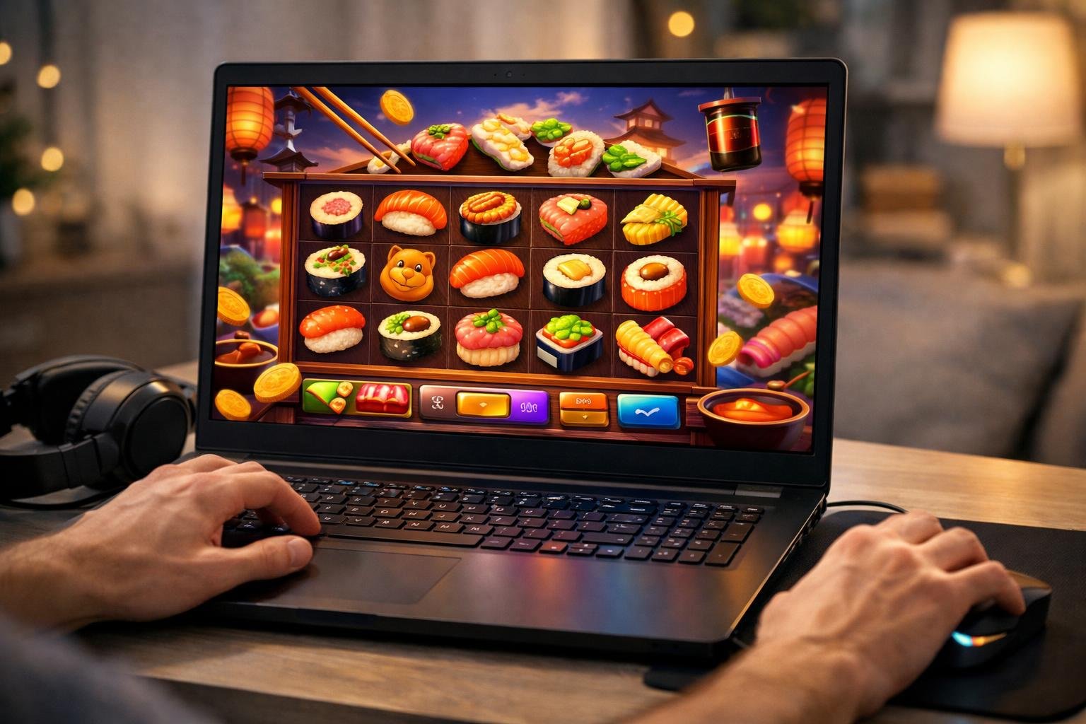 Seorang pengguna sedang bermain game online Sushi Saga di komputer dengan gambar sushi berwarna-warni di layar, di meja terdapat aksesori gaming seperti mouse dan headphone.