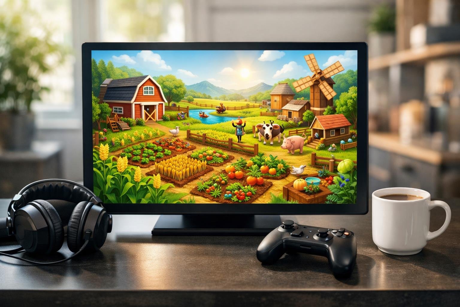 Layar komputer menampilkan pemandangan pertanian digital dari permainan online dengan alat bermain dan lingkungan kerja yang rapi.