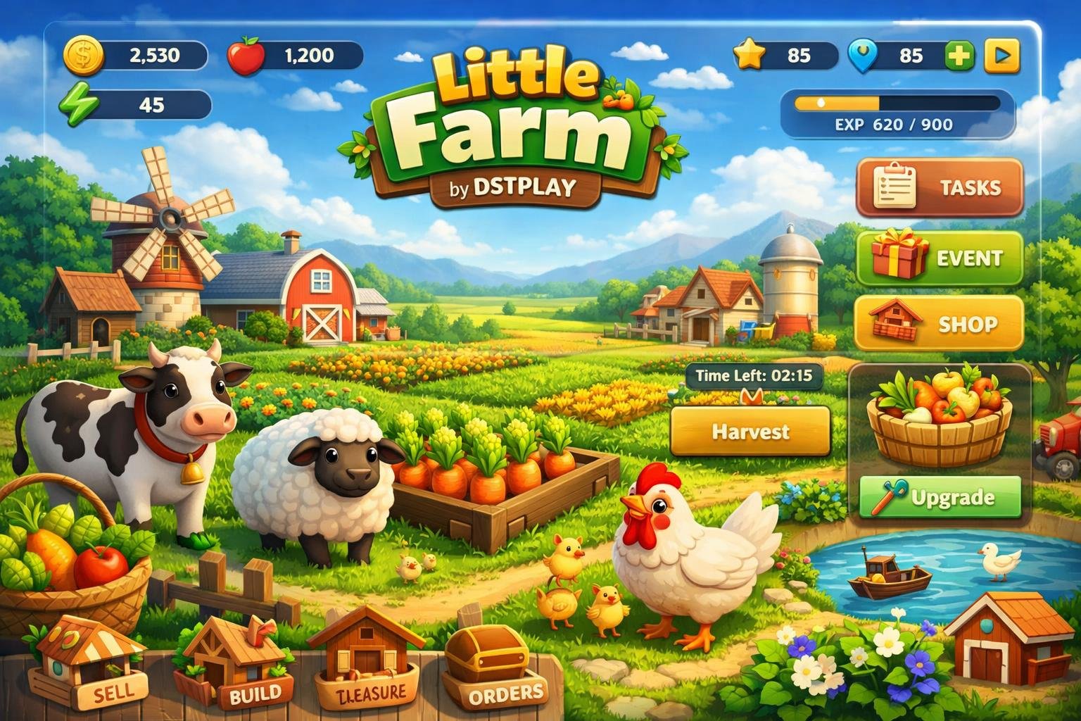 Pemandangan ladang pertanian virtual yang cerah dengan tanaman hijau dan hewan ternak di latar depan, serta elemen antarmuka digital permainan di latar belakang.