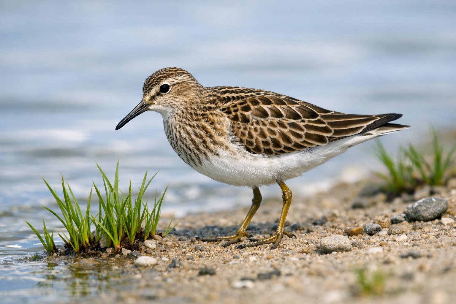 Burung sandpiper langka berdiri di tepi pantai berpasir dengan latar belakang air dan tumbuhan rawa.
