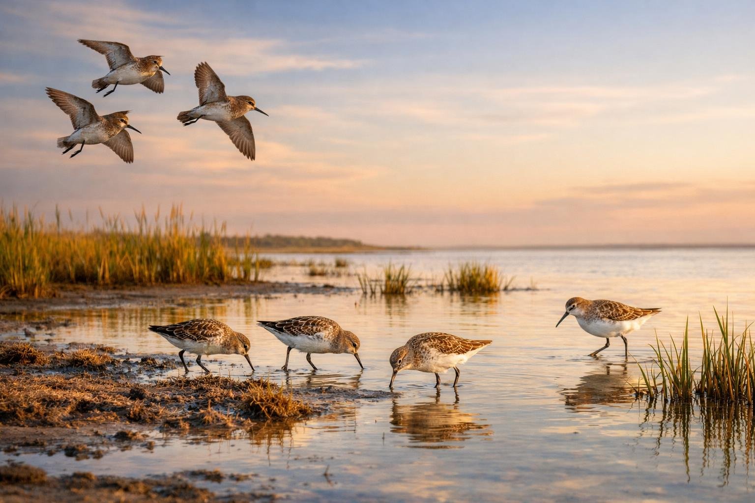 Burung Sandpiper langka sedang mencari makan di tepi pantai berlumpur dengan latar belakang habitat alami dan langit cerah.