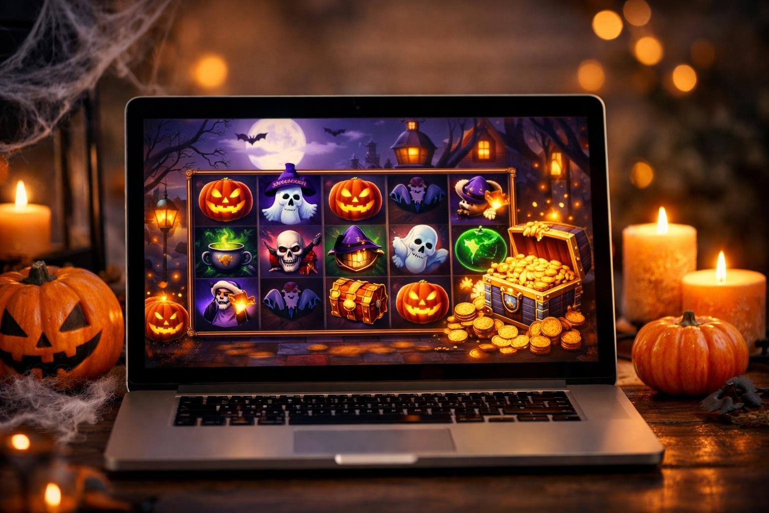 Layar komputer menampilkan permainan slot online bertema Halloween dengan ikon seperti labu, hantu, dan koin emas, dikelilingi dekorasi Halloween kecil.