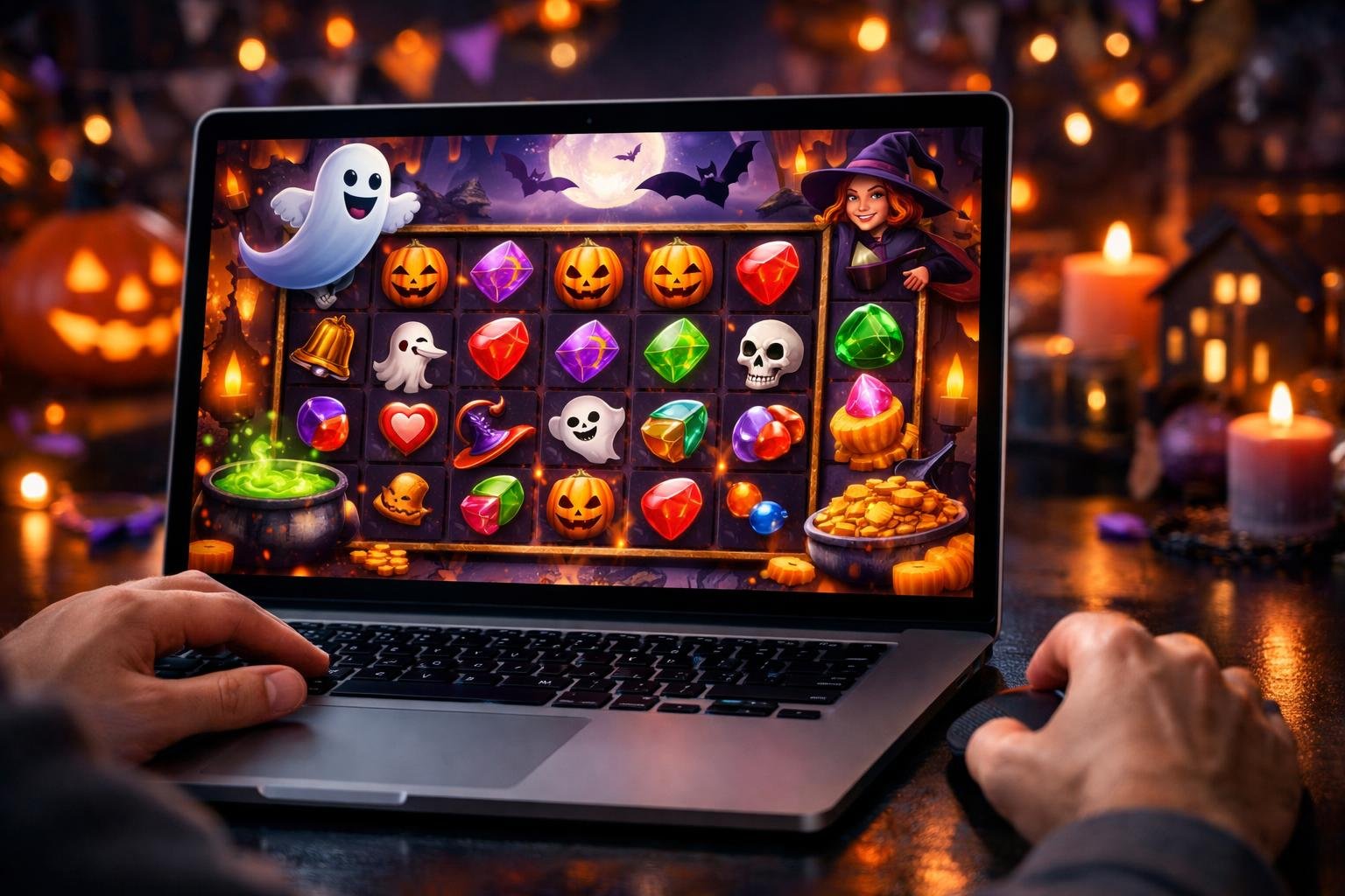 Seorang pemain menggunakan komputer untuk bermain game online bertema Halloween dengan grafis warna-warni dan dekorasi pesta di latar belakang.
