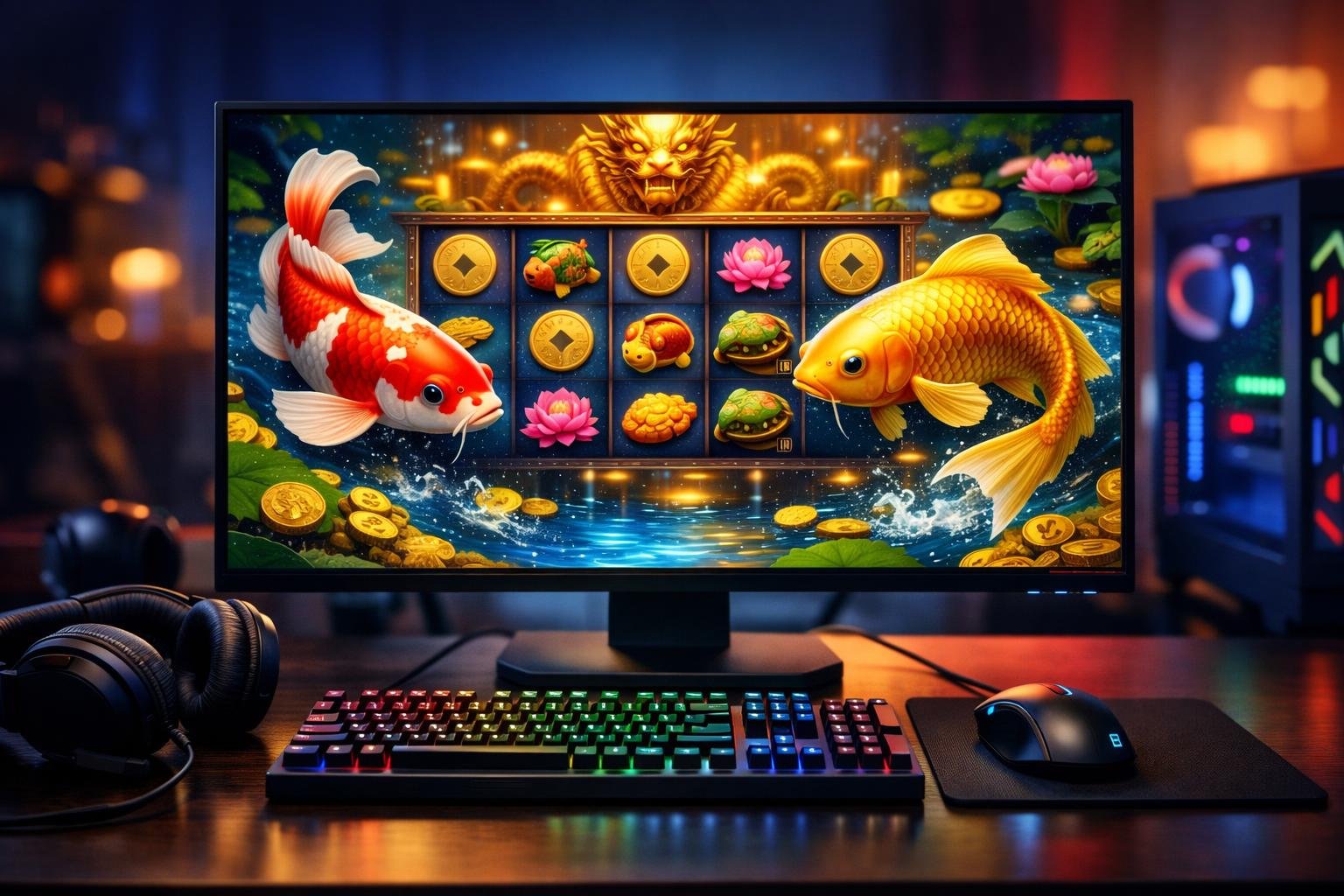 Sebuah meja komputer dengan layar menampilkan ikan koi berwarna-warni dalam permainan online, dikelilingi oleh aksesori gaming di lingkungan yang modern.