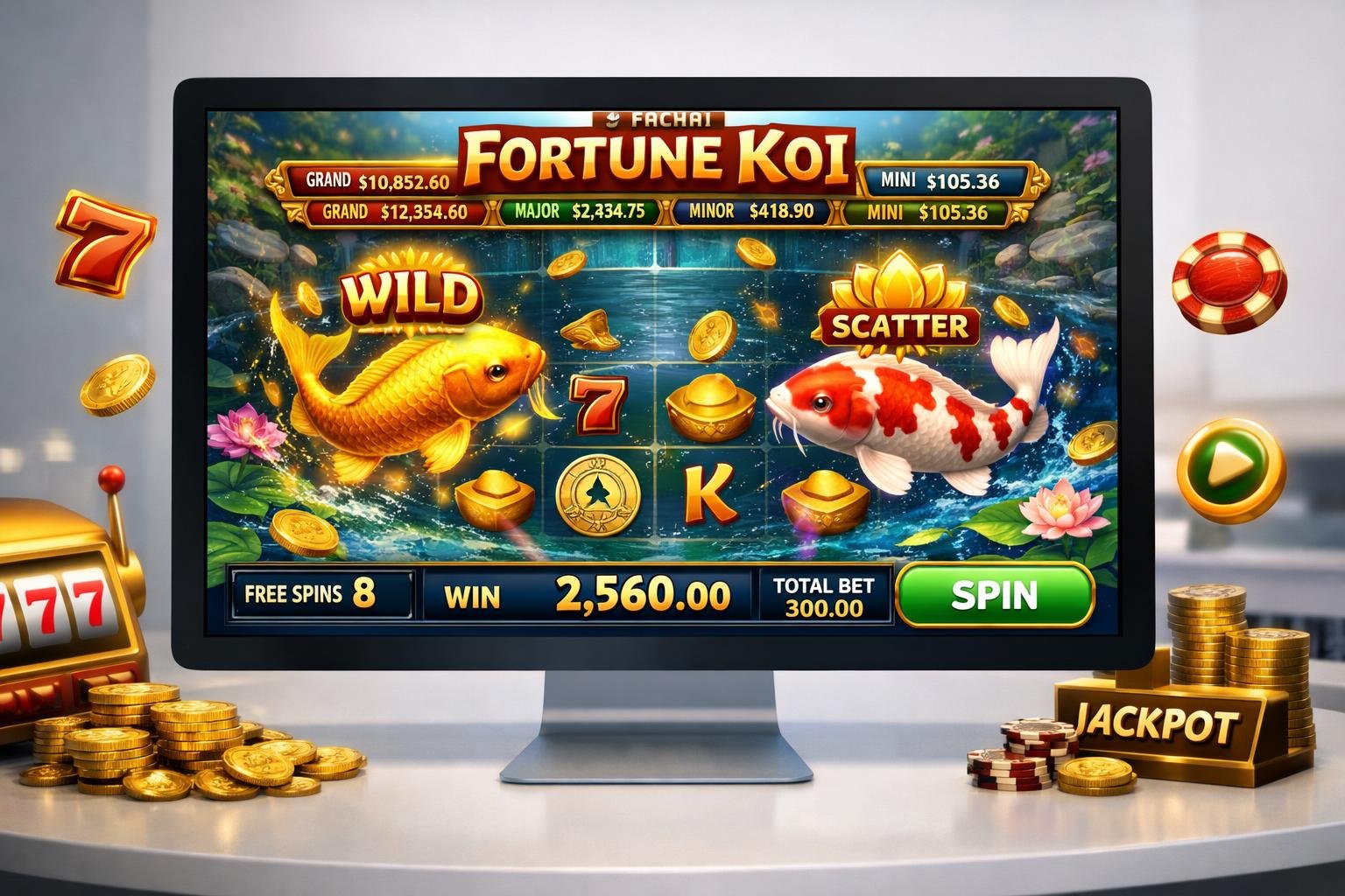 Layar perangkat digital menampilkan permainan ikan koi berwarna-warni di kolam dengan efek air dan simbol keberuntungan.