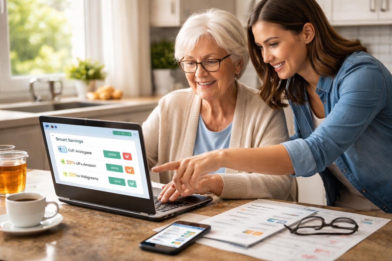 A senior woman using a laptop with a younger person assisting her, surrounded by shopping lists and a smartphone on a kitchen table.
