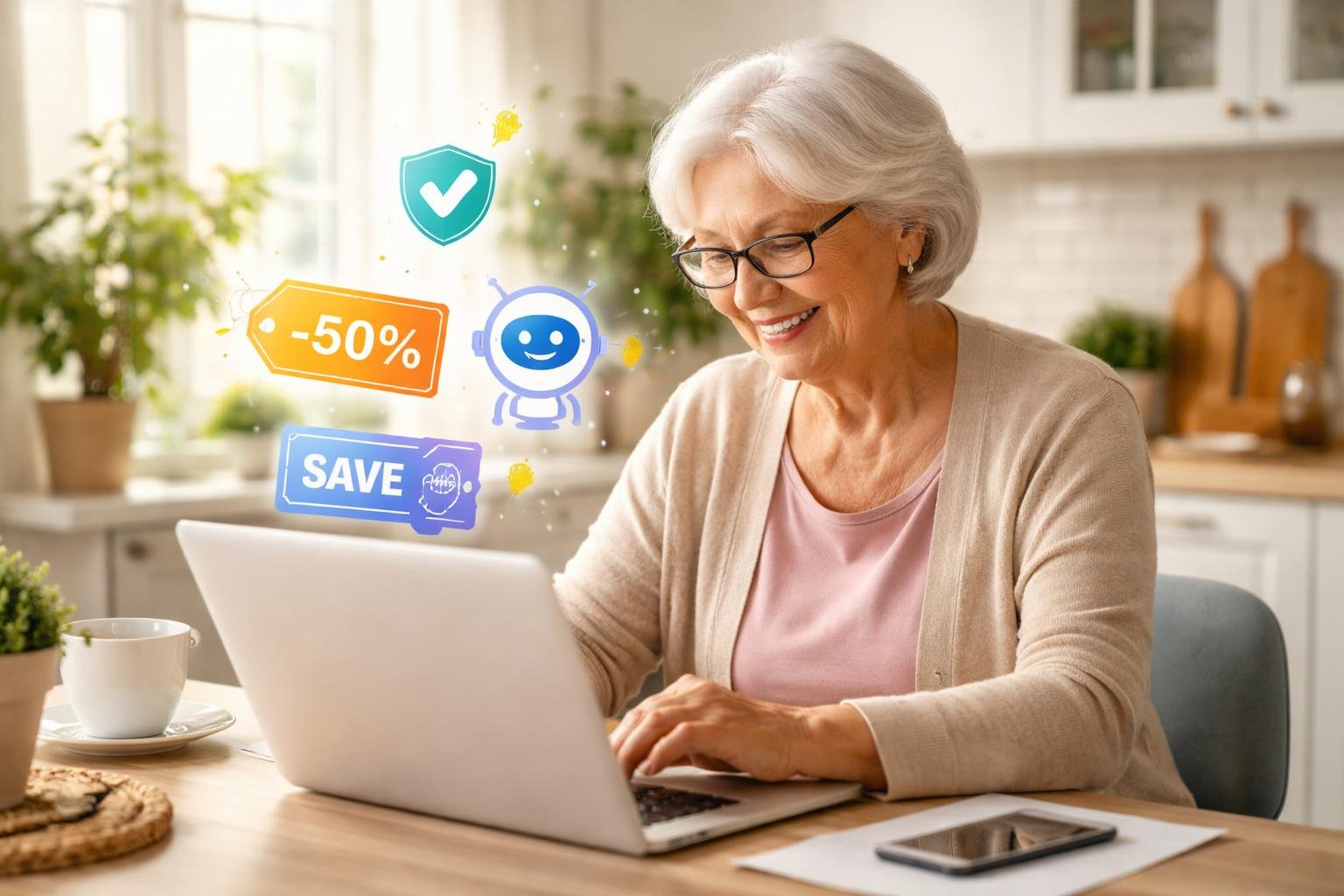 A senior woman using a laptop at a kitchen table, exploring AI tools for finding safe discounts and coupons.