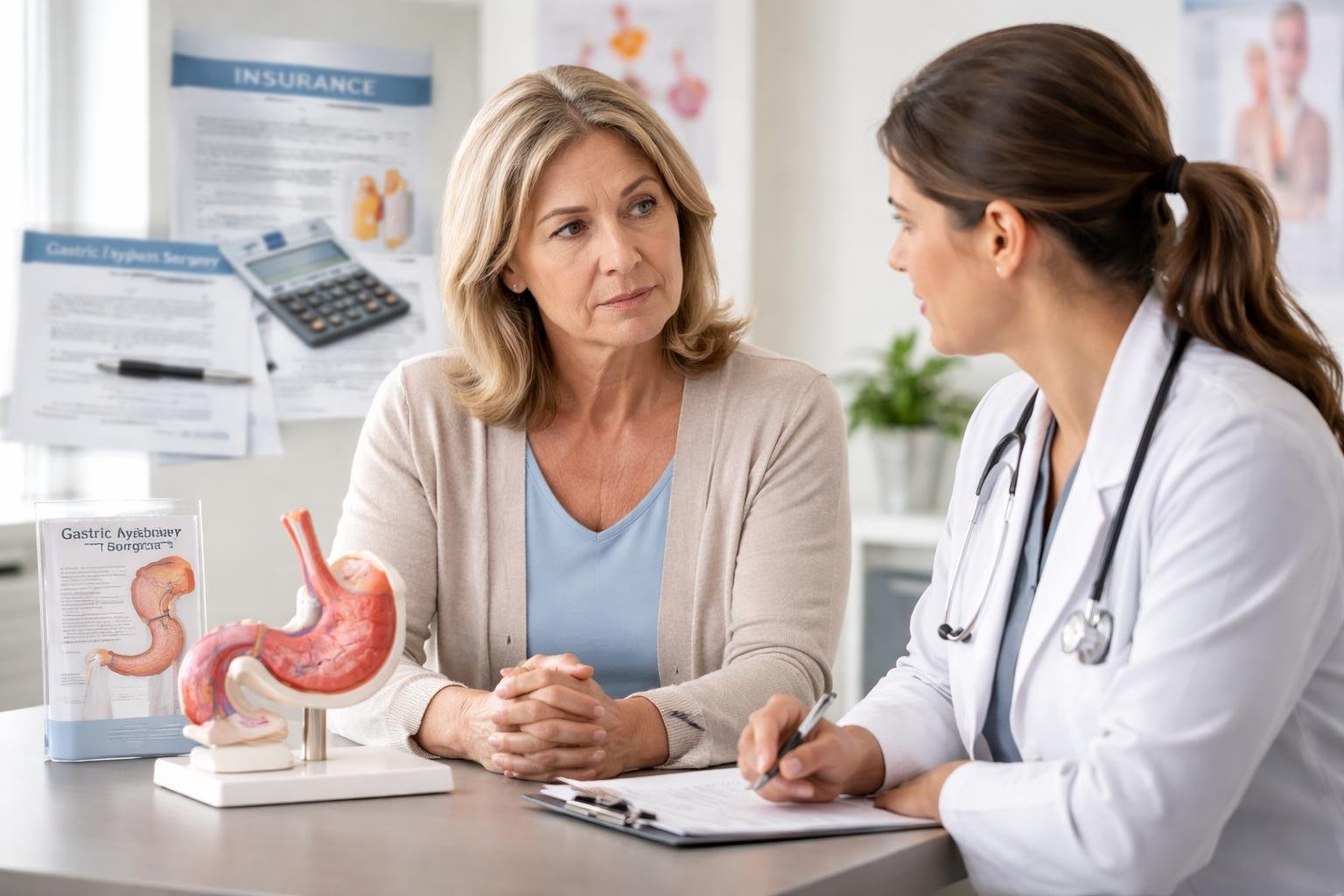A patient talking with a doctor in a medical office with stomach models and insurance documents visible.