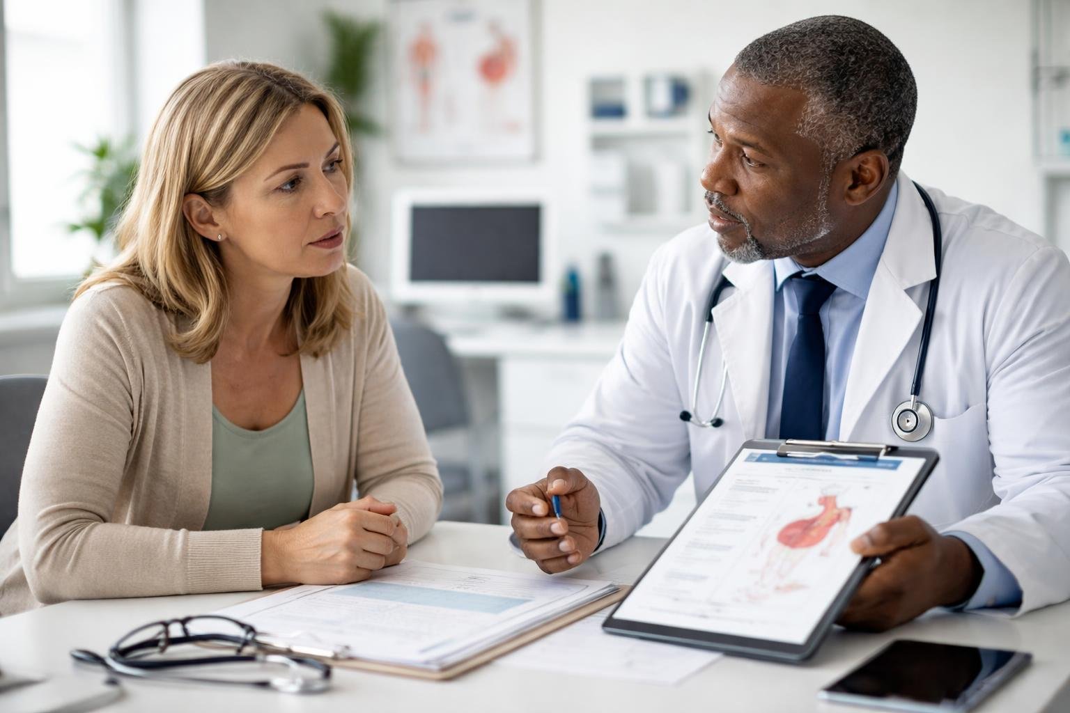 A doctor consulting with a patient in a medical office about surgery complications and insurance coverage.