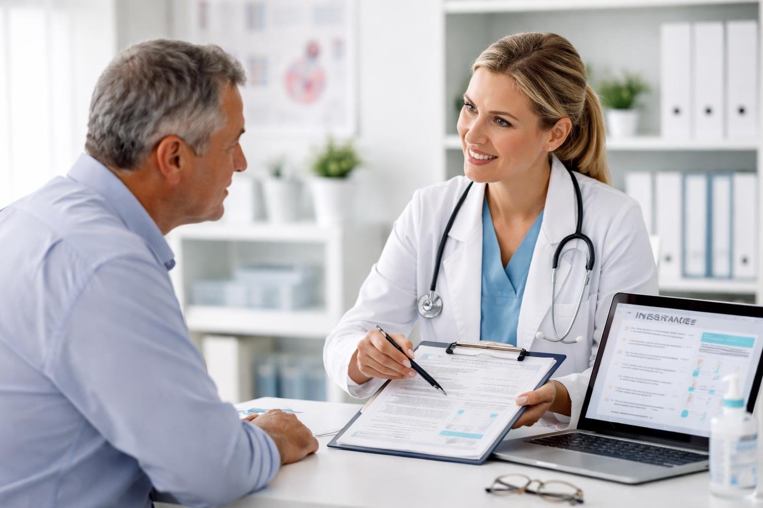 A healthcare professional discussing insurance options with a patient in a medical office.