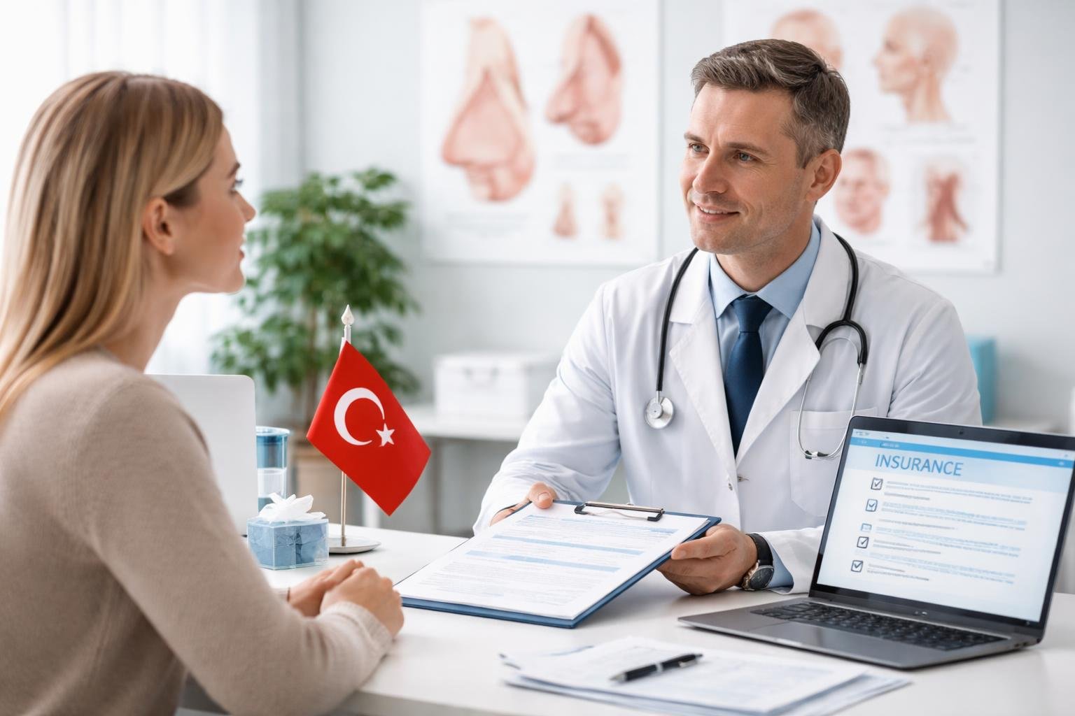 Ein Arzt berät einen Patienten bezüglich des Versicherungsschutzes für eine Nasenkorrektur in einem hellen medizinischen Büro mit anatomischen Nasendiagrammen und einer kleinen türkischen Flagge.