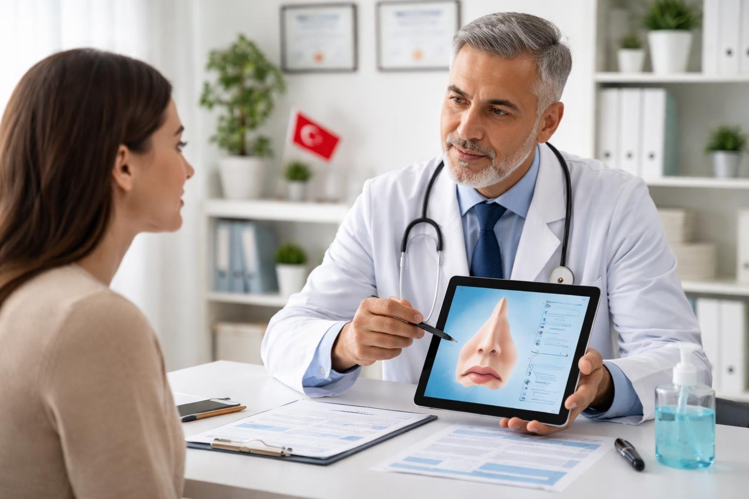 Ein Arzt und Patient besprechen den Versicherungsschutz für eine Nasenkorrektur in einem hellen medizinischen Büro mit einem digitalen Tablet, das ein Nasenmodell zeigt.