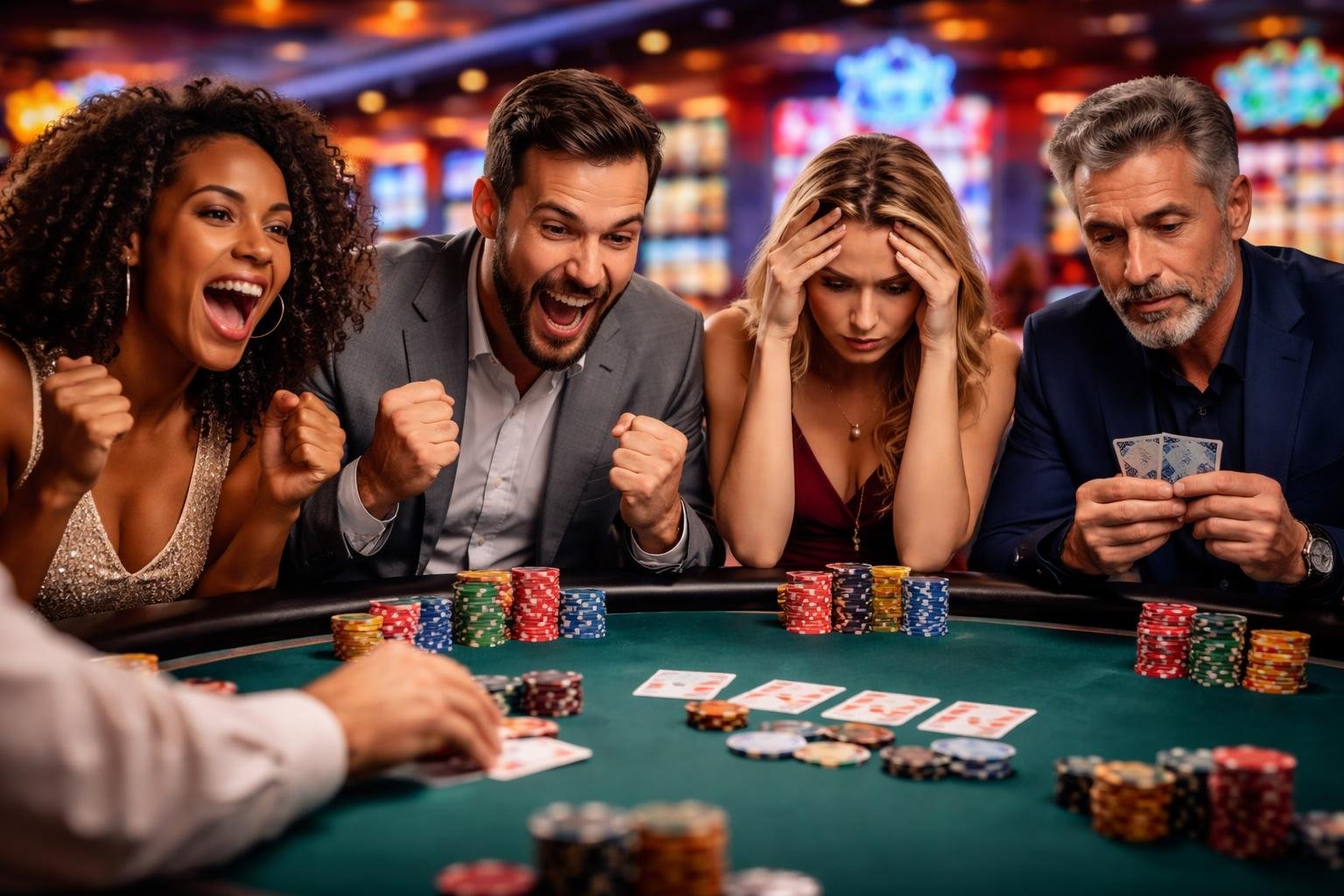 A group of people at a casino poker table showing various emotions like excitement and anxiety while playing cards.