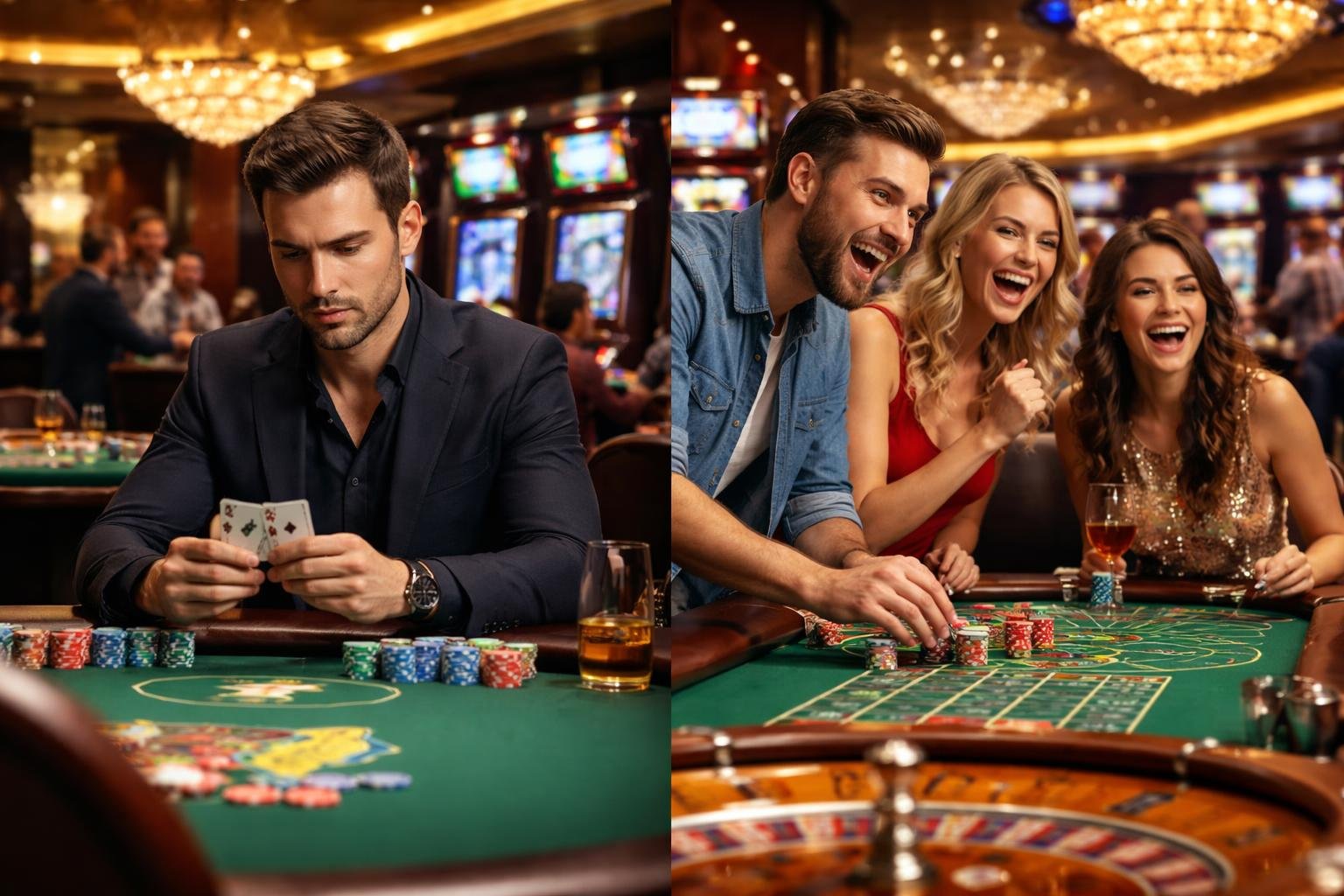 A casino scene showing a focused player studying cards at a poker table and casual gamblers enjoying slot machines and roulette nearby.