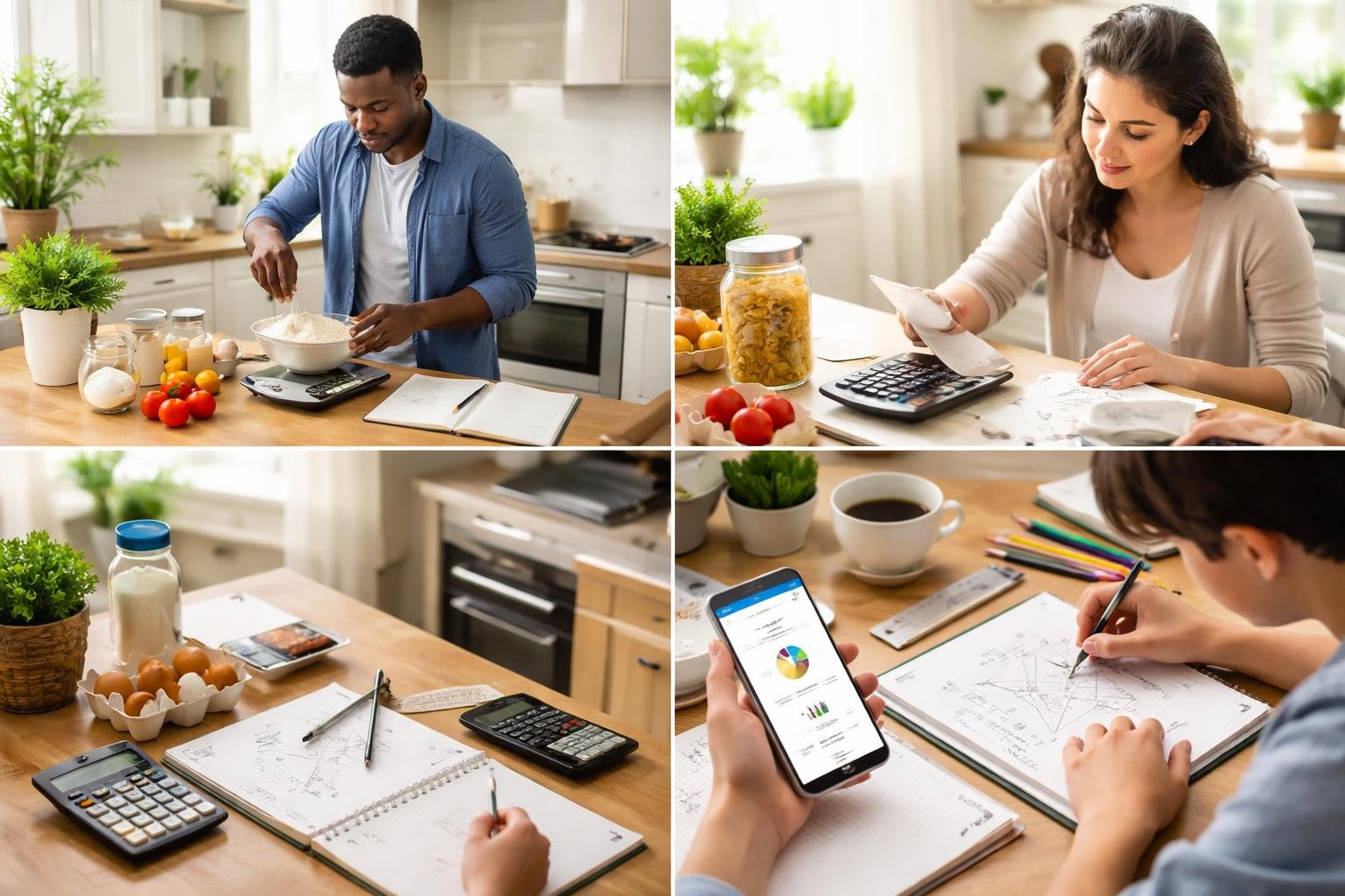 People using math in daily life, including budgeting groceries, measuring ingredients, solving geometry problems, and checking financial apps.