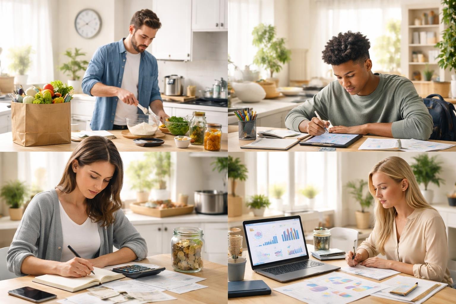 People performing everyday activities that involve math, such as calculating expenses, measuring ingredients, solving problems on a tablet, and analyzing charts on a laptop.