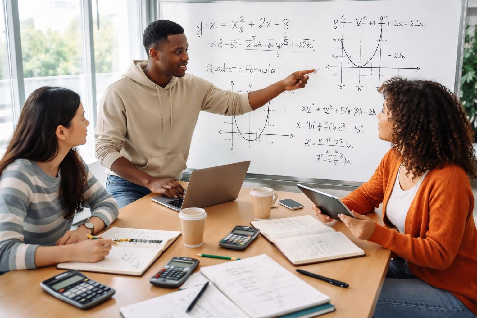 A group of young adults working together around a table with algebra equations on a glass board and laptops in a bright office.