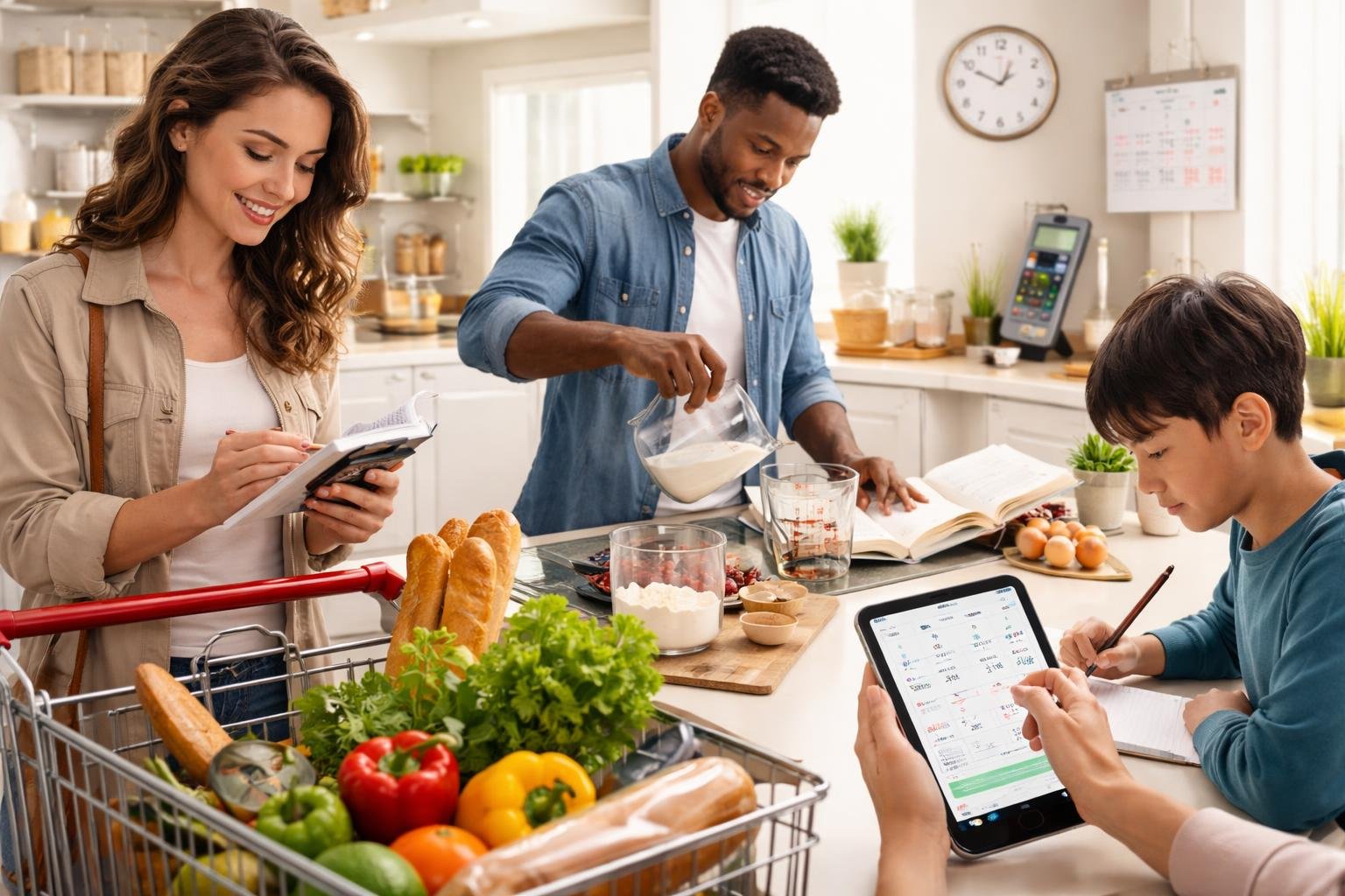 People using math in daily activities like shopping, cooking, studying, and tracking fitness data.