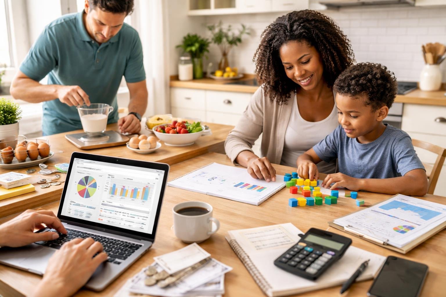 People using math in daily activities like cooking, budgeting, and helping a child with counting at home.