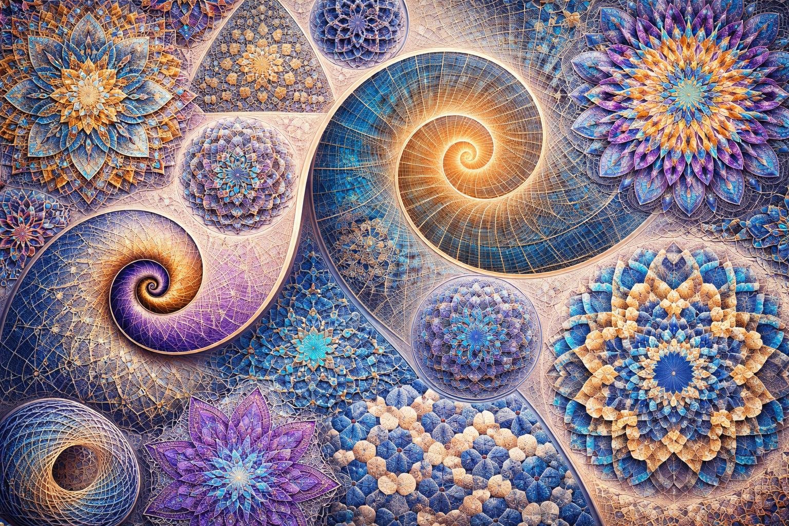 A detailed arrangement of colorful geometric and mathematical patterns including fractals and spirals on a neutral background.