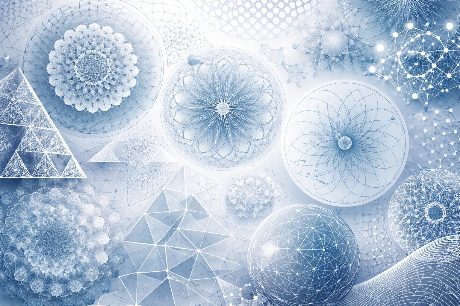 A detailed arrangement of geometric shapes forming intricate mathematical patterns and designs.
