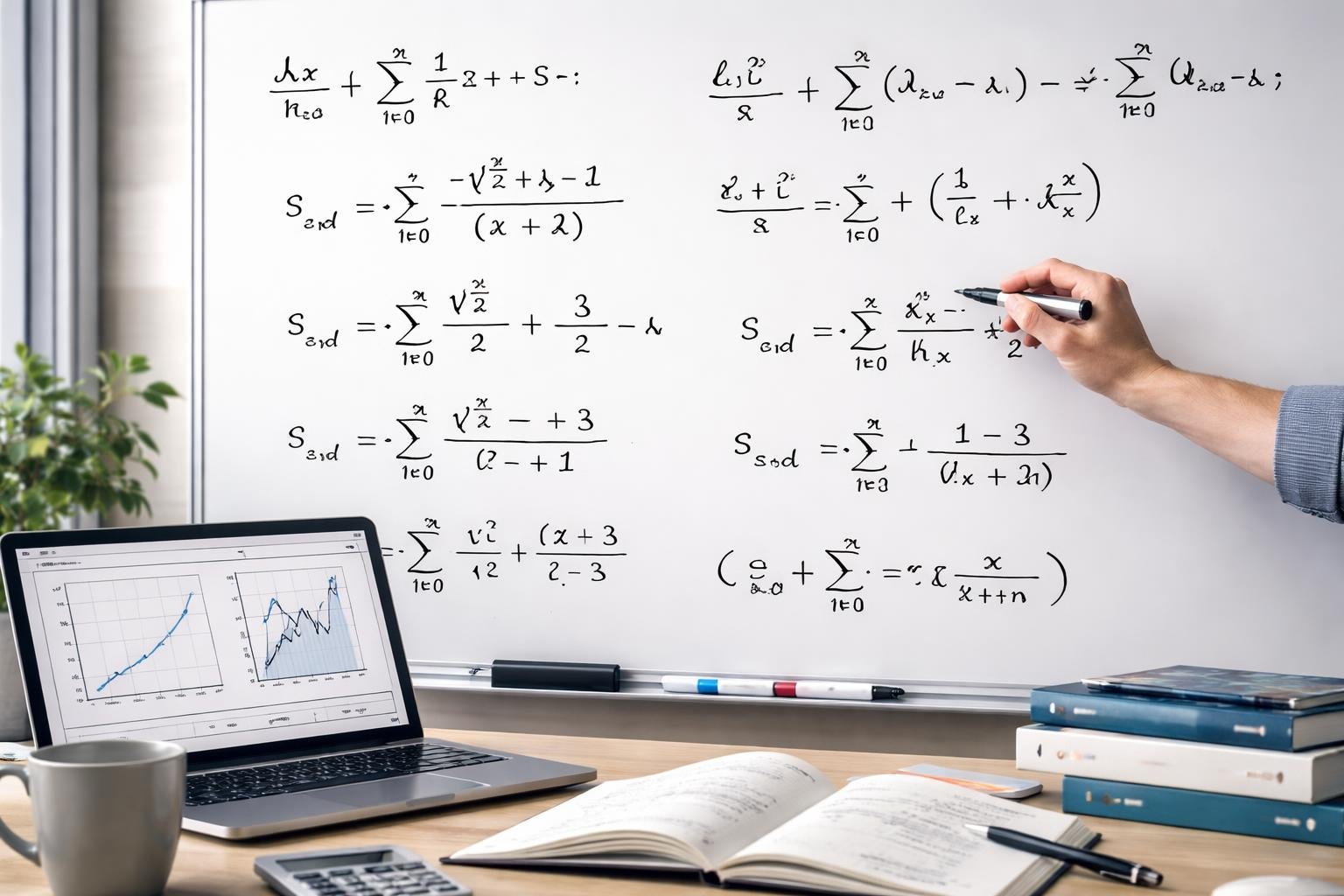A workspace showing a whiteboard covered with mathematical series formulas and a hand holding a marker pointing at the equations.