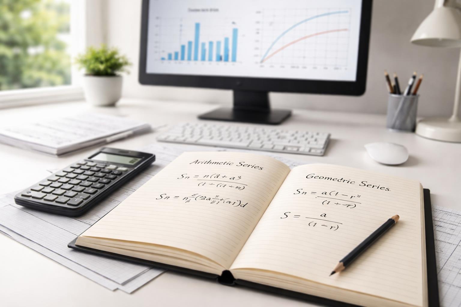 A workspace with a notebook showing handwritten mathematical series formulas, a calculator, pencil, and a computer screen displaying graphs.