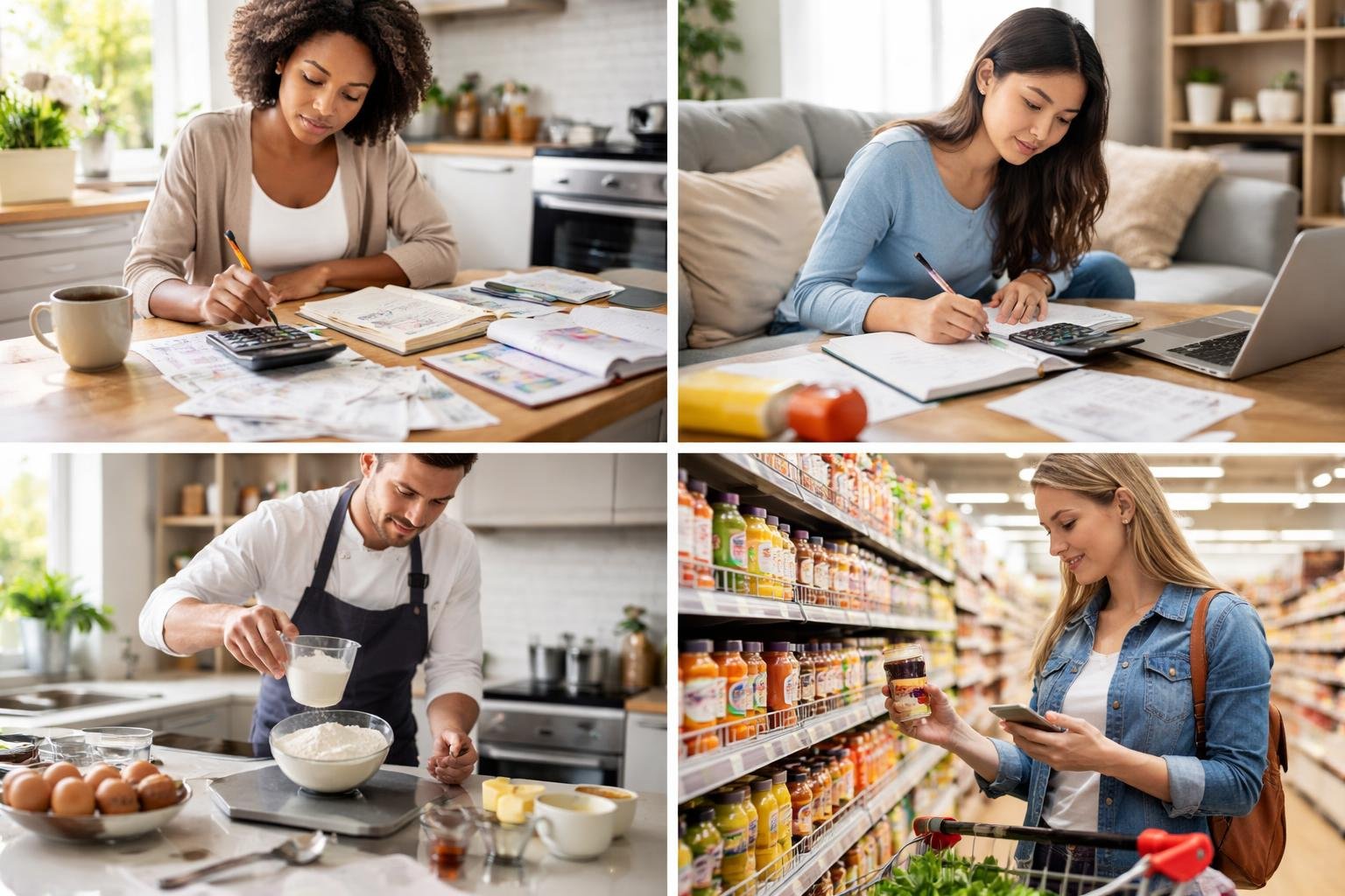 People using math in everyday activities like budgeting, studying, cooking, and shopping.