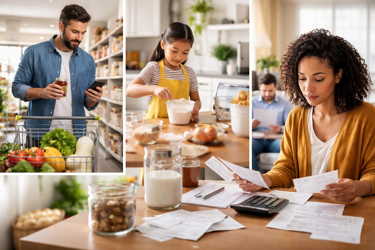 People using math in daily life, including budgeting groceries, measuring ingredients, and reviewing bills at home.