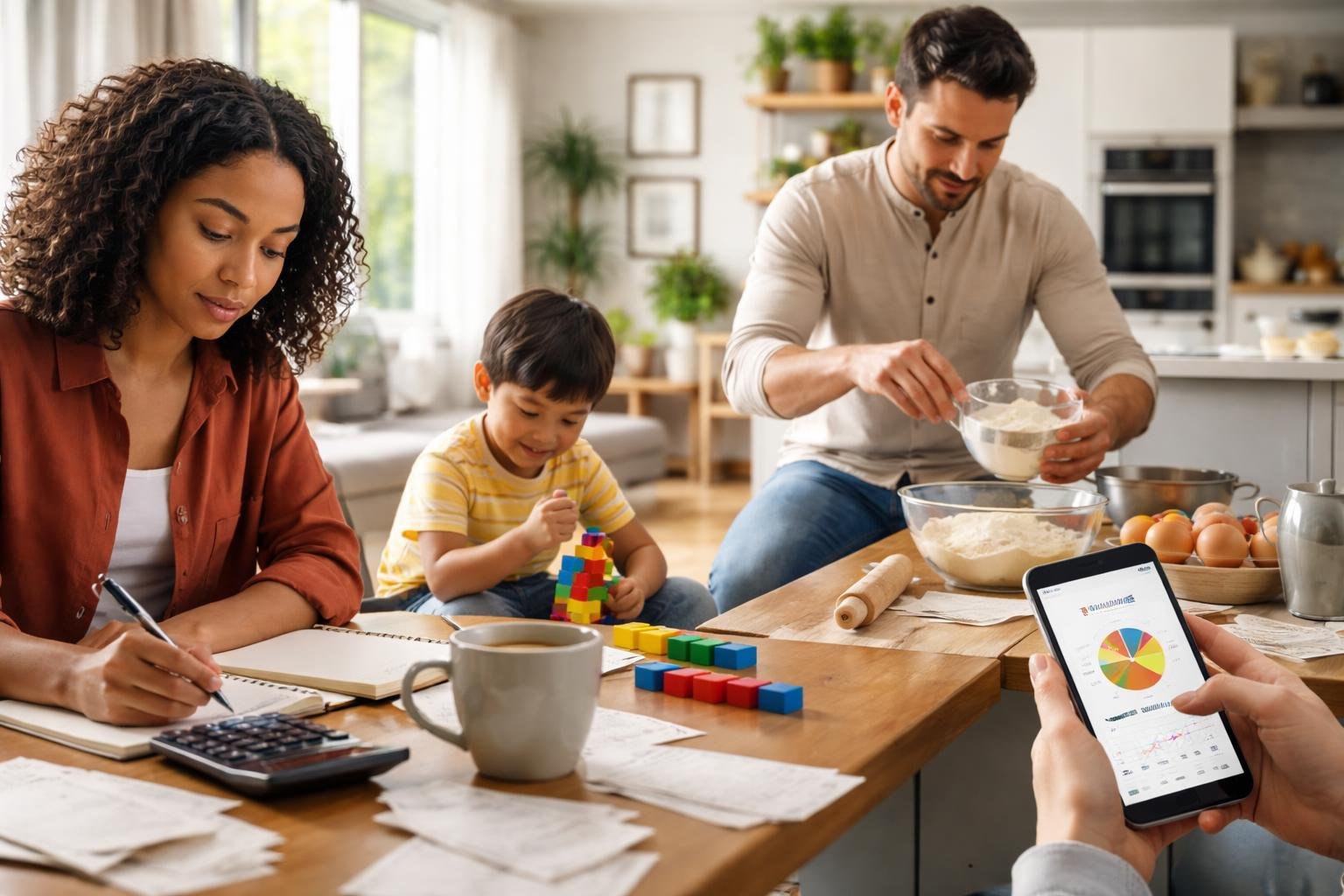 People using math in daily life, including calculating expenses, measuring ingredients, counting blocks, and viewing a graph on a smartphone.