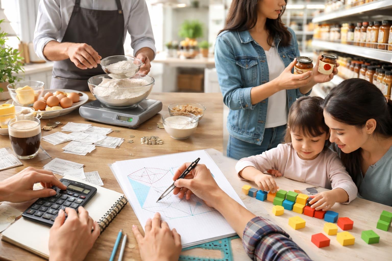 People using math in daily life, including measuring ingredients, calculating expenses, solving geometry problems, comparing prices, and counting with blocks in a home setting.
