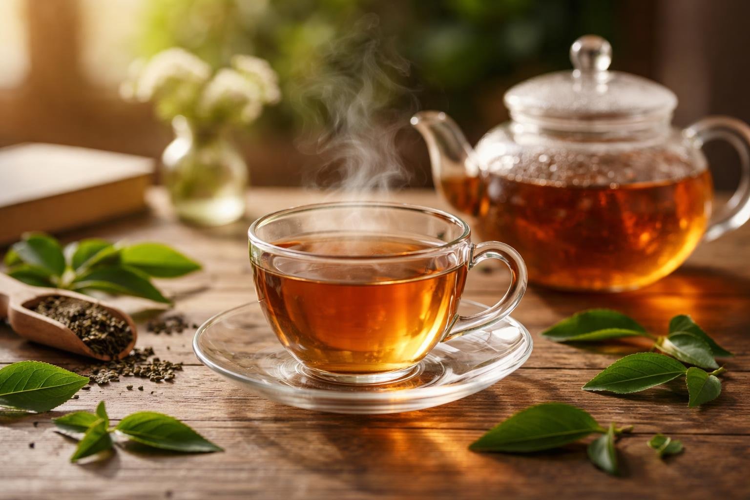 A steaming cup of tea on a wooden table with fresh green tea leaves and a glass teapot in a cozy setting.