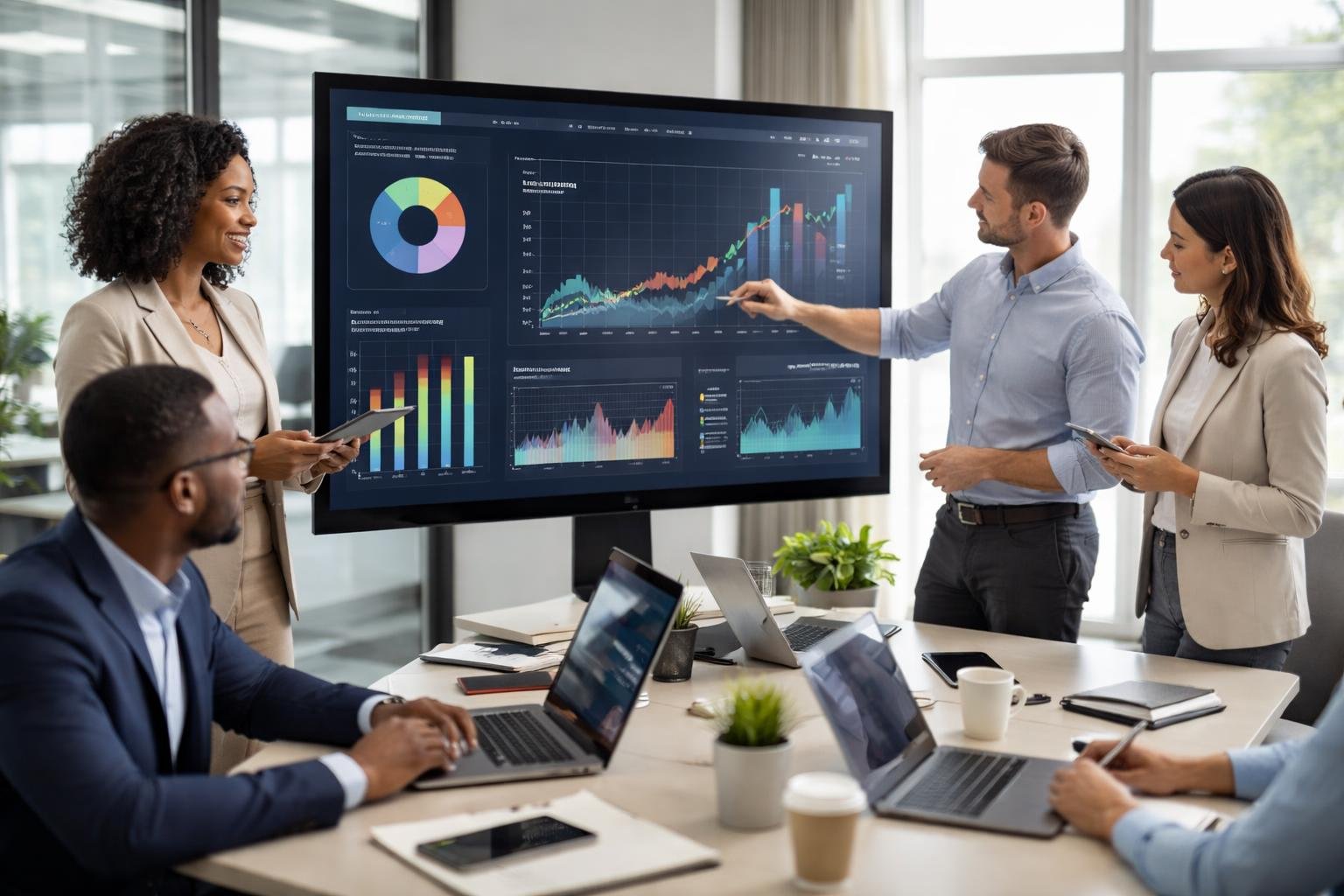 A group of professionals collaborating around a digital touchscreen displaying real-time event registration data in a modern office.