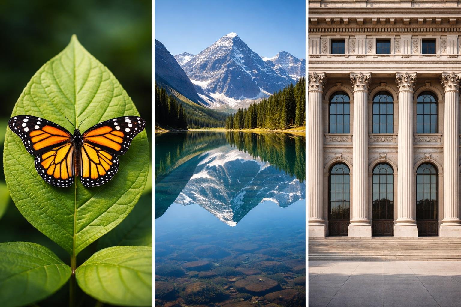 A butterfly on a leaf, a mountain reflected in a lake, and a building with evenly spaced columns, all showing symmetry.