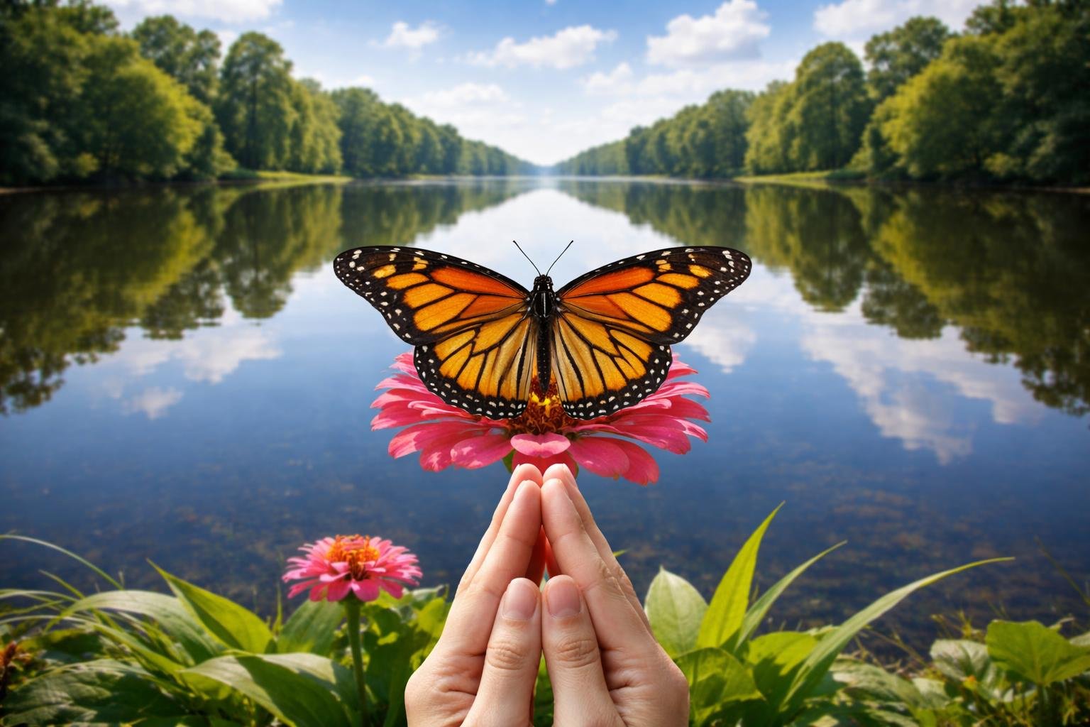 A butterfly with symmetrical wings resting on a flower, a tree reflected in a calm lake, and a pair of hands held together symmetrically.