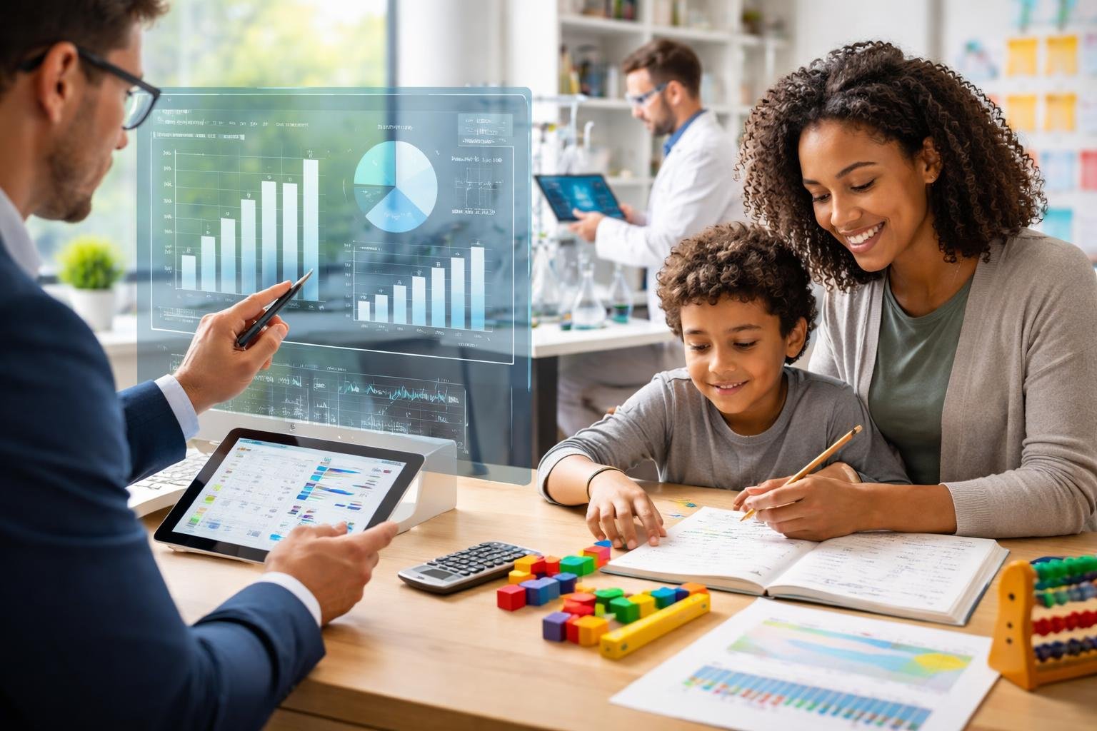 People using numbers in everyday activities, including analyzing charts, teaching math, and examining scientific data.