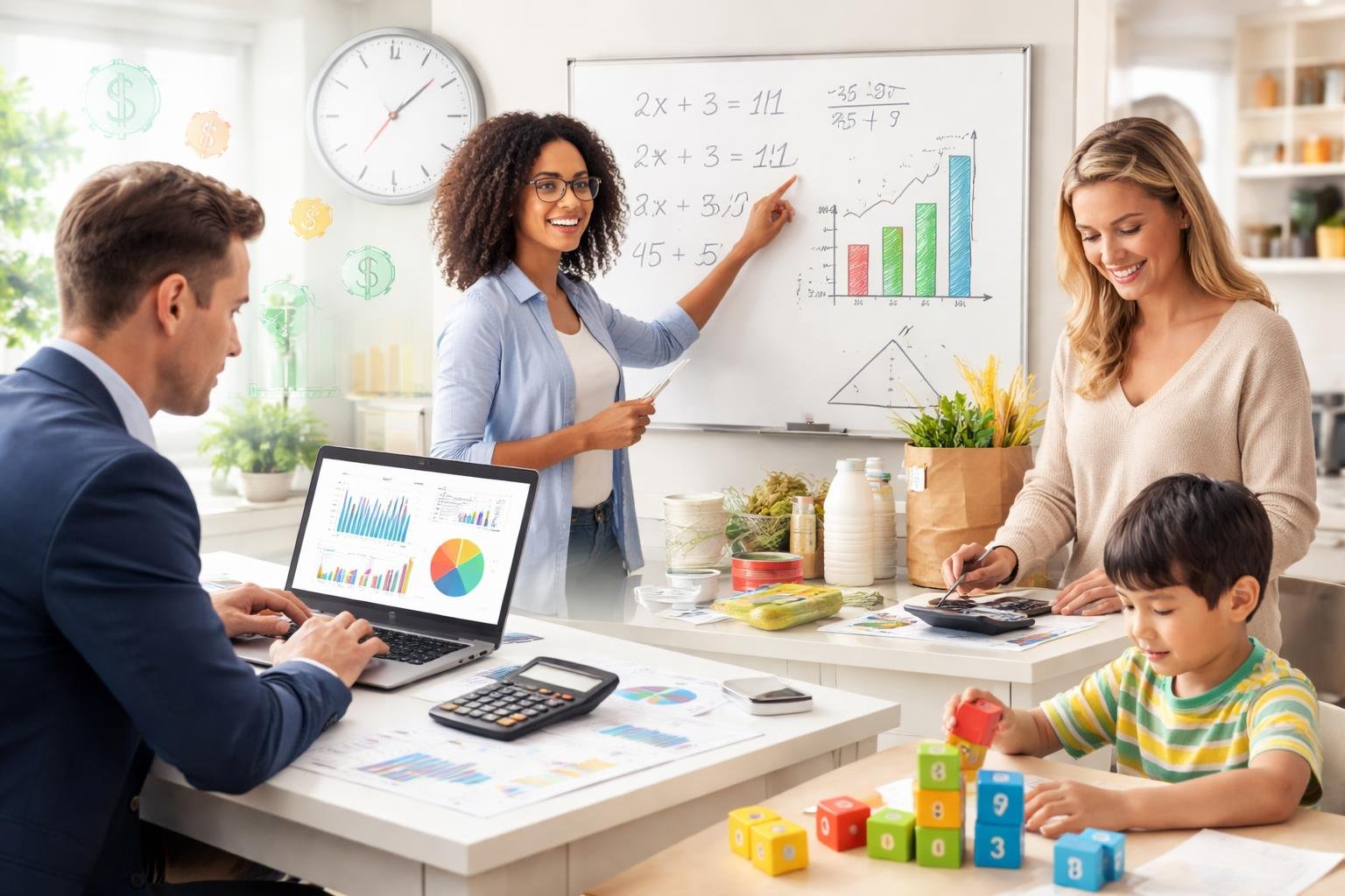 People using numbers in daily activities including business analysis, teaching math, shopping calculations, and counting blocks.