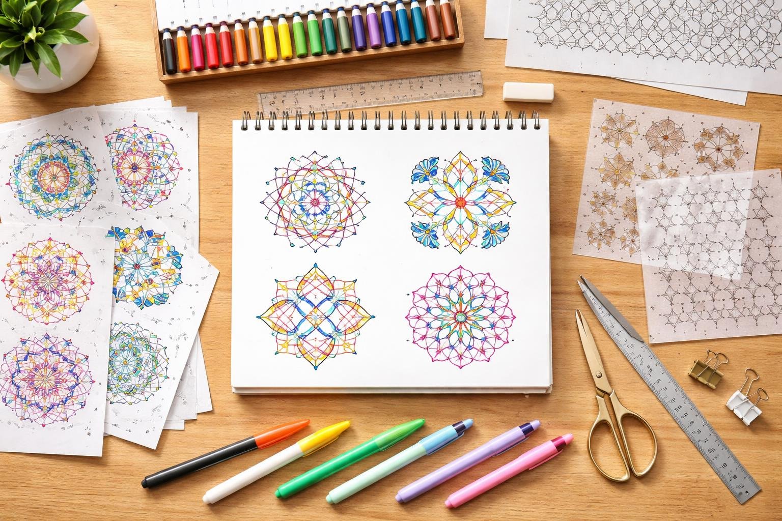 A workspace with geometric pattern templates, markers, rulers, and a sketchbook showing simple symmetrical designs on a wooden desk.