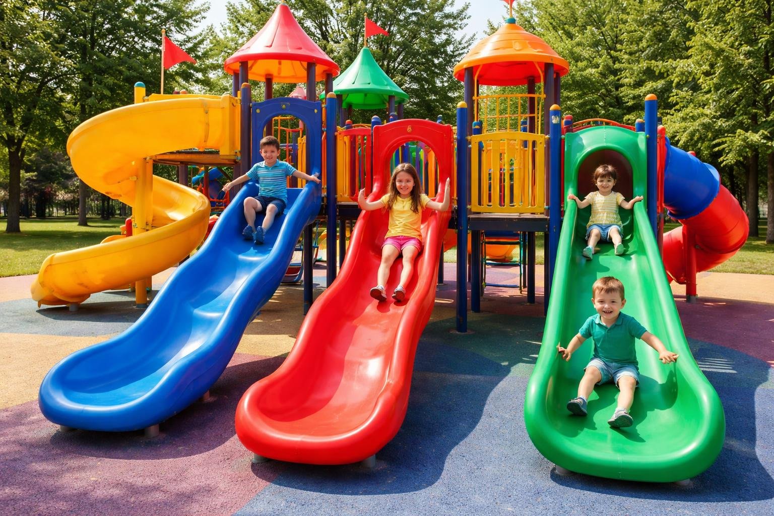 Deca se igraju na šarenim toboganima u dečjem igralištu na otvorenom.
