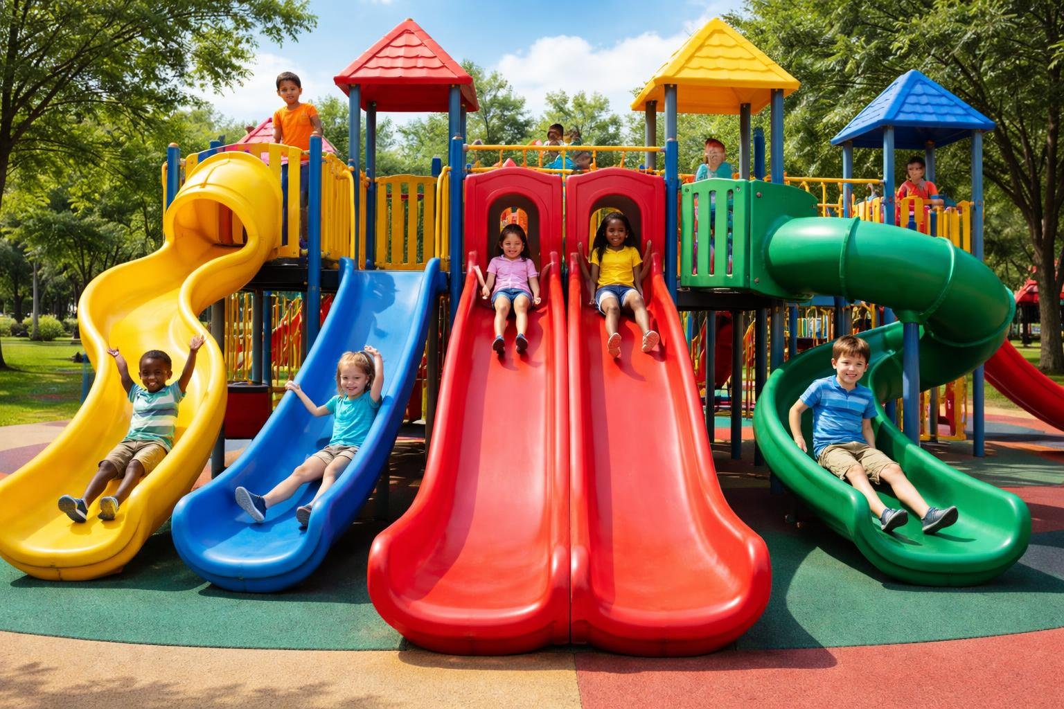 Deca se igraju na raznim šarenim toboganima u sunčanom parku sa zelenom travom i drvećem.