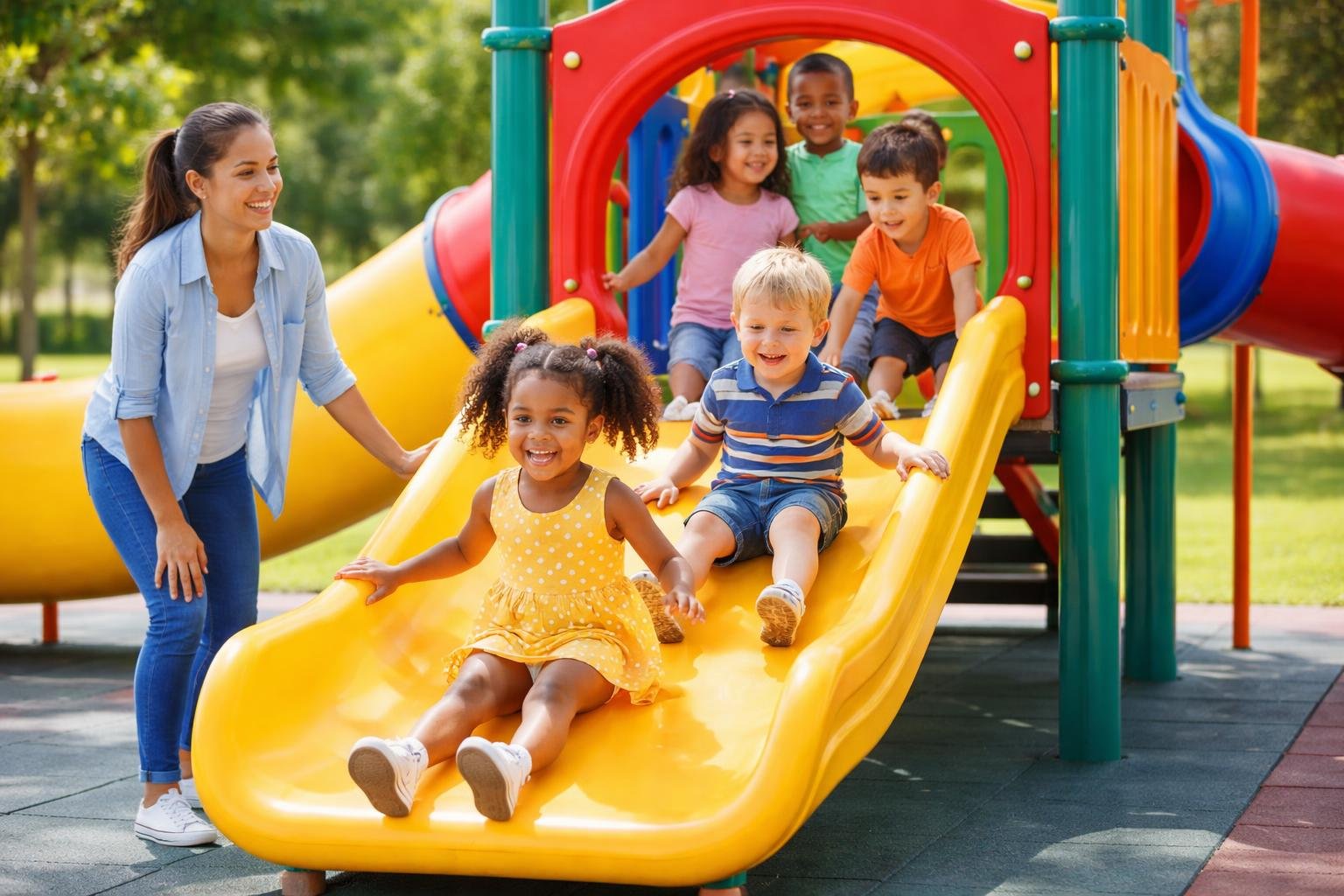 Deca se bezbedno igraju na toboganu u dečjem igralištu na otvorenom, dok ih odrasla osoba nadgleda.
