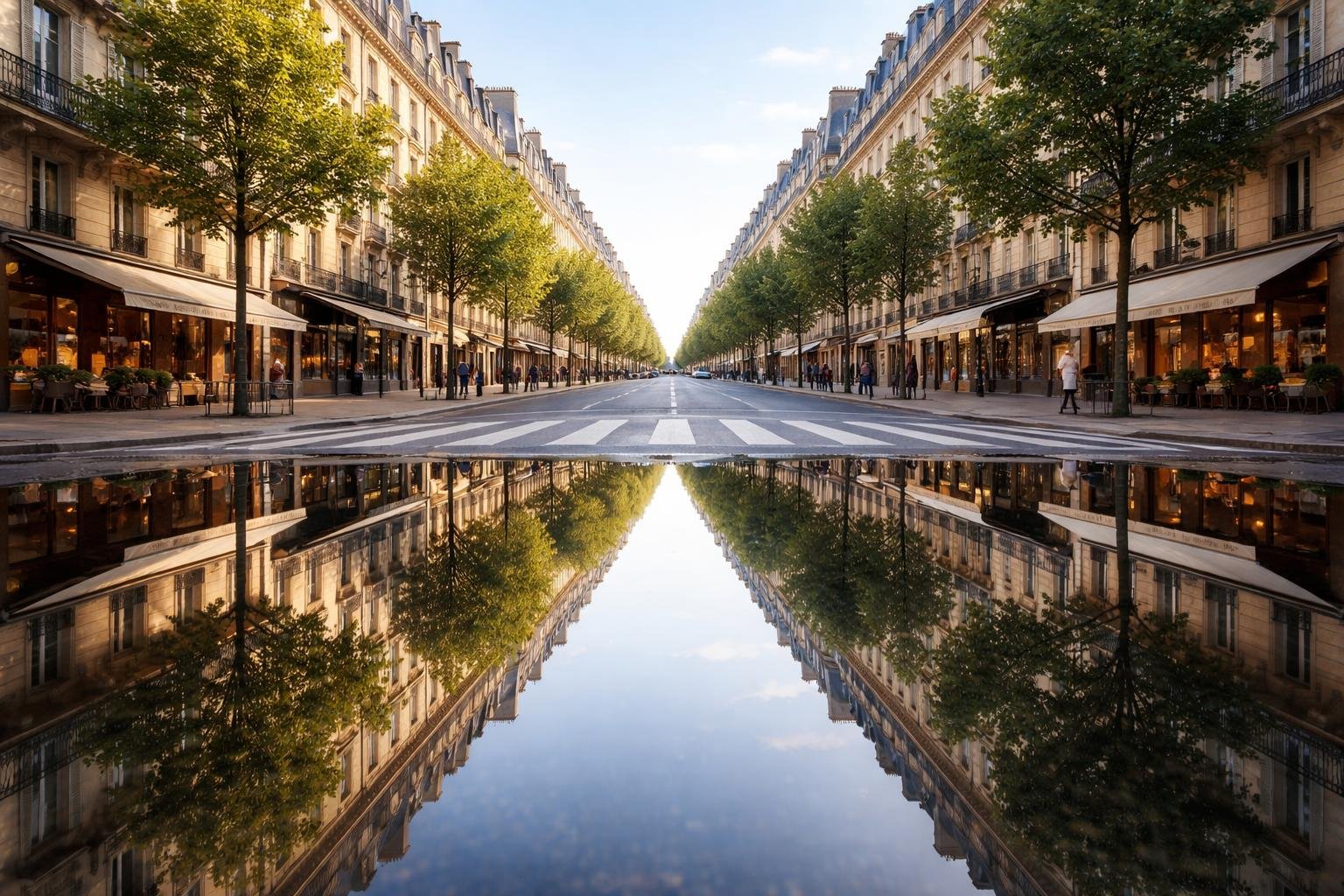 A symmetrical urban street with matching buildings, trees, and a pedestrian crossing reflected in a puddle.
