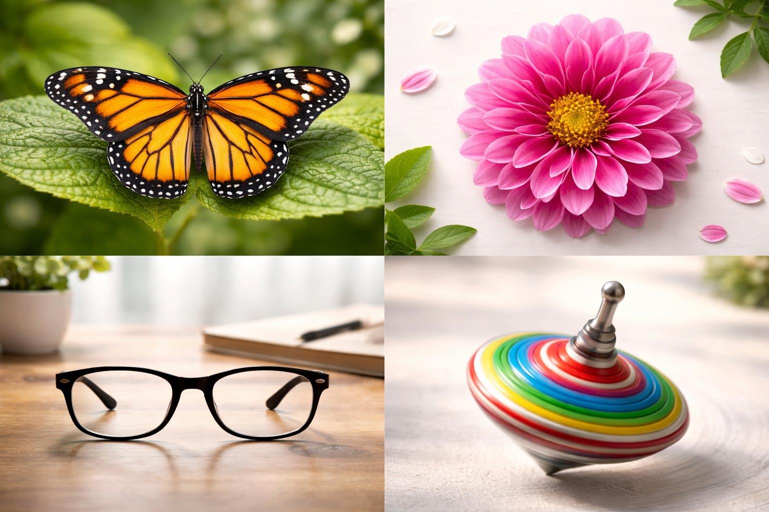 Various everyday objects arranged to show different types of symmetry, including a butterfly, a flower, eyeglasses, and a spinning top.