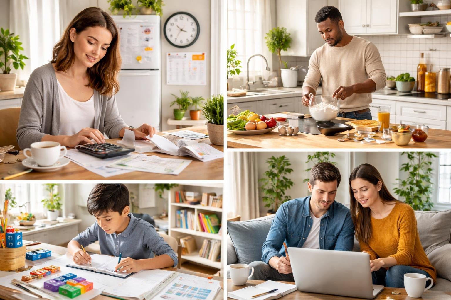 People using math in daily life, including calculating expenses, measuring ingredients, counting blocks, and reviewing a budget at home.