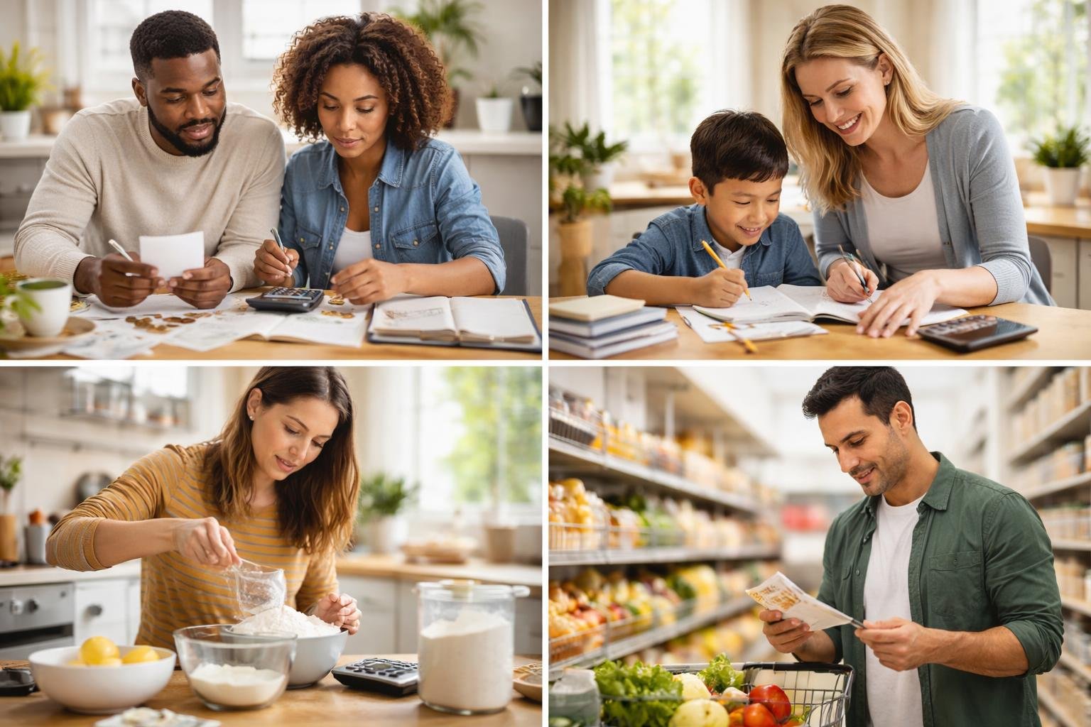 People using math in daily life, including budgeting, helping with homework, cooking measurements, and shopping.